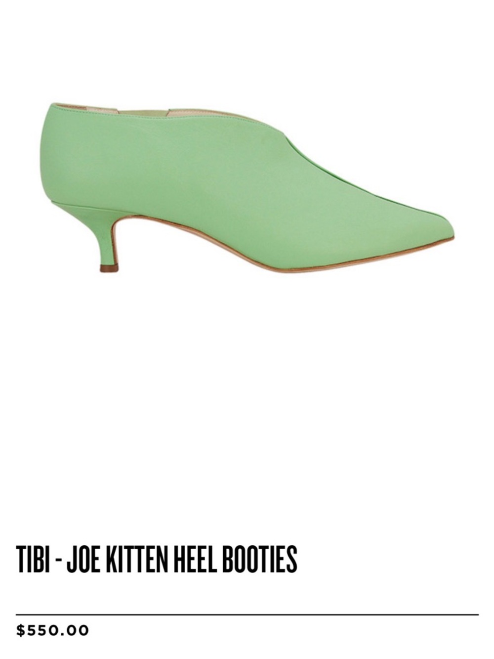 Tibi Joe V- Cur Kitten Heel Booties in Mint “Rain”
